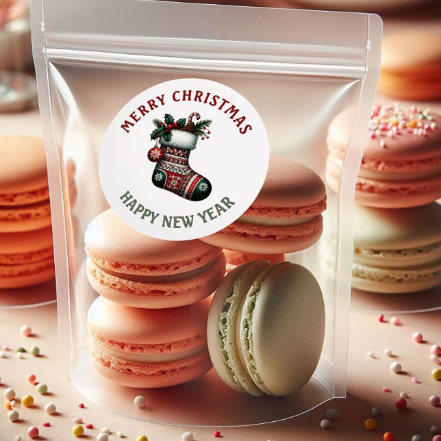 Red & Green Holiday Stocking Xmas & New Year Classic Round Sticker (Creator Uploaded)