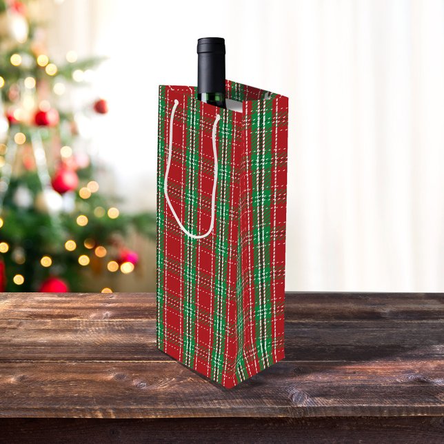 Red Green Holiday Winter Rustic Christmas Plaid Wine Gift Bag (Red and green wine bottle gift bag)