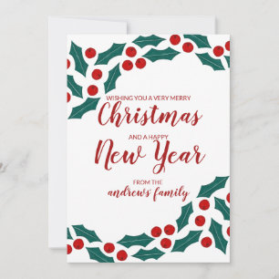 Red Green Holly Berries Ivy Leaves Christmas Holiday Card
