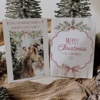 Red Green Holly Berries Stripes Bow Christmas Holiday Card