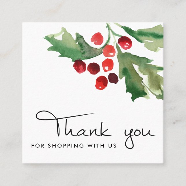RED GREEN HOLLY BERRY CHRISTMAS THANK YOU LOGO SQUARE BUSINESS CARD (Front)