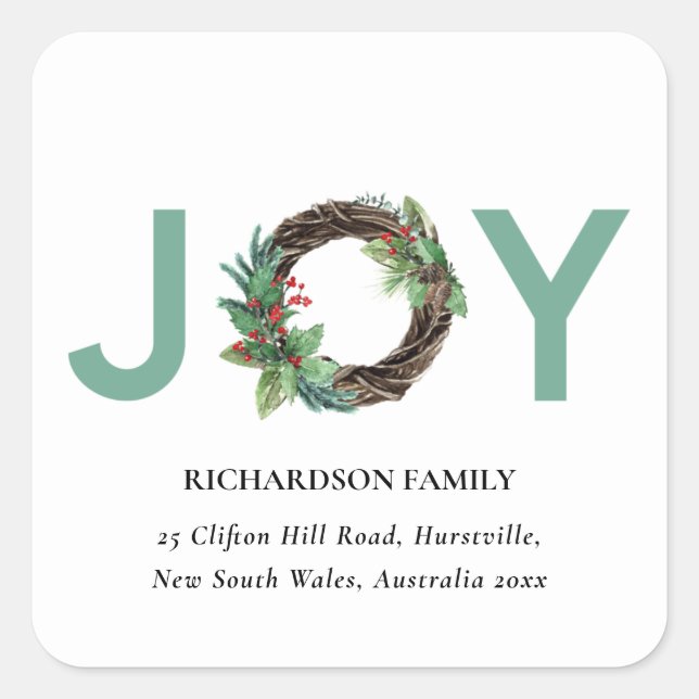 RED GREEN HOLLY BERRY JOY WREATH CHRISTMAS ADDRESS SQUARE STICKER (Front)
