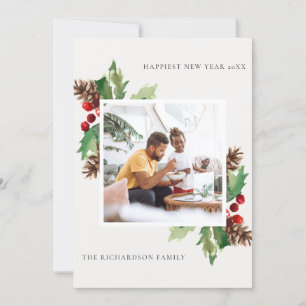 RED GREEN HOLLY BERRY PINE CONE NEW YEAR PHOTO HOLIDAY CARD