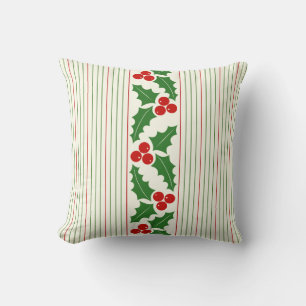 Red, green holly berry, stripes pattern Christmas Cushion