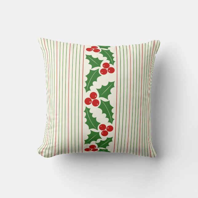 Red, green holly berry, stripes pattern Christmas Cushion (Front)