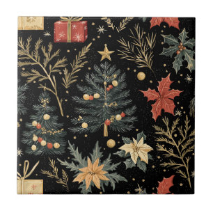Red Green Holly Christmas Charcoal Pattern Ceramic Tile