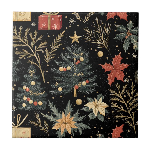 Red Green Holly Christmas Charcoal Pattern Ceramic Tile (Front)