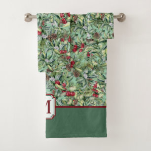 Red Green Holly Christmas Pattern Monogram Bath Towel Set