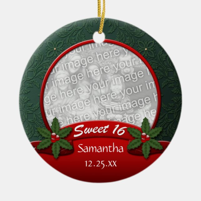 Red Green Holly Christmas Sweet 16 Ornament (Front)