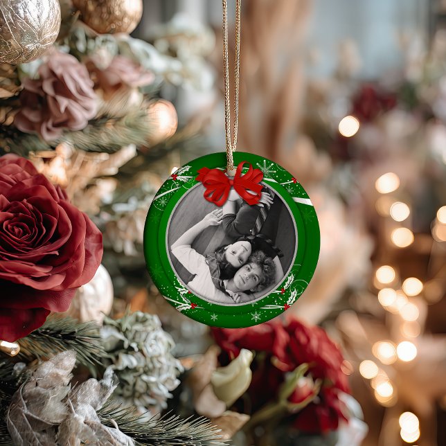 Red Green Holly Ribbon 1st Christmas Photo | Ceramic Ornament (Creator Uploaded)