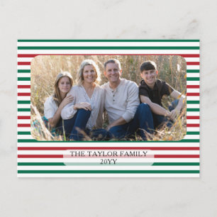 Red Green Horizontal Stripes Classic Striped Photo Holiday Postcard