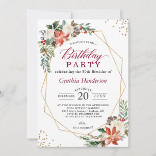 Red Green Ivory Poinsettia Floral Birthday Party Invitation