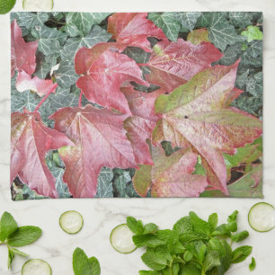 Red green ivy leaves fall autumn season tea towel