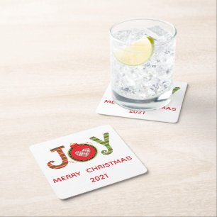 Red Green Joy Christmas Holiday Square Paper Coaster