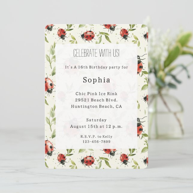Red Green Leaves Ladybugs Birthday Invitation (Standing Front)