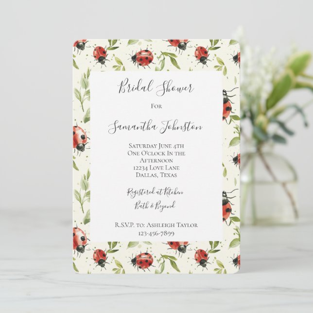 Red Green Leaves Ladybugs Bridal Shower Invitation (Standing Front)