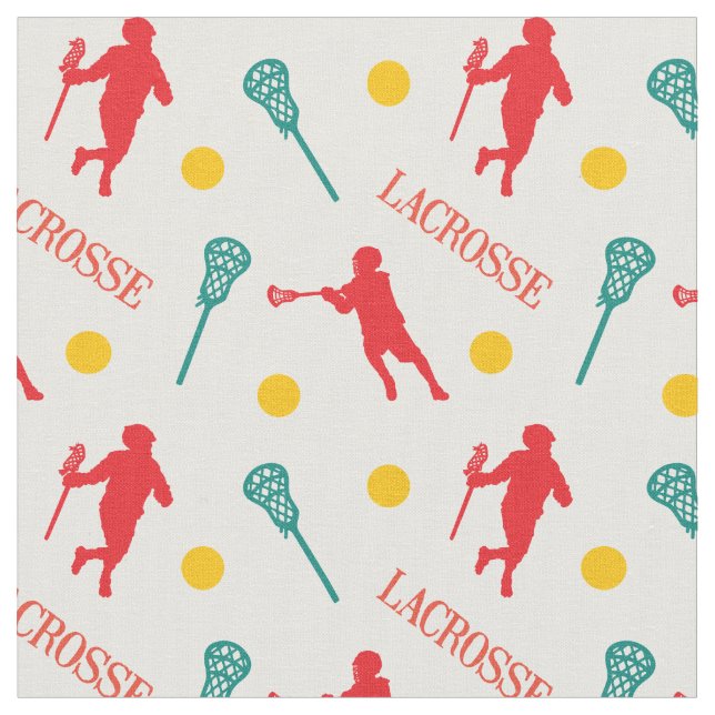 Red & Green Male Lacrosse Player Pattern Fabric (Close Up)