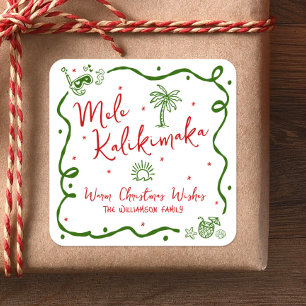 Red Green Mele Kalikimaka Hand Drawn Fun Christmas Square Sticker