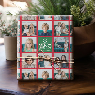 Red & Green Merry Christmas 8 Photo Collage Wrapping Paper