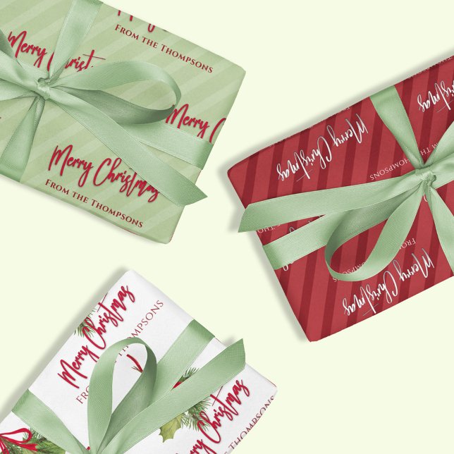 Red Green Merry Christmas Custom  Wrapping Paper Sheet (Merry Christmas holiday watercolor greenery and striped wrapping paper set.)