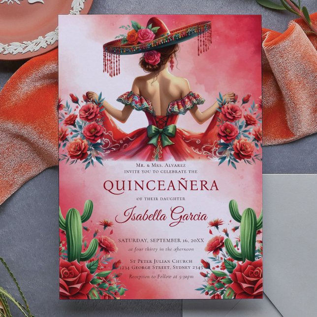 Red Green Mexican Style Quinceañera Invitation (Creator Uploaded)