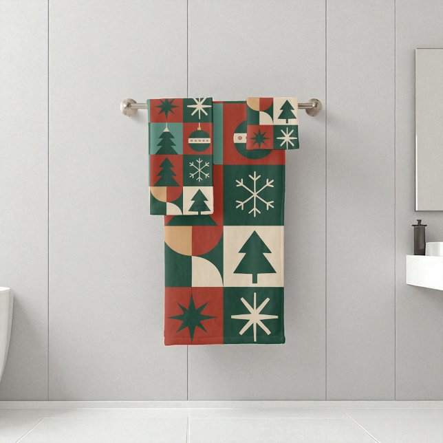 Red Green Mid Century Modern Chequered Holiday Bath Towel Set (Creator Uploaded)