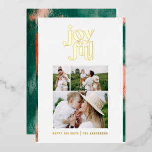 Red + green modern abstract joyful 3 photo  foil holiday card
