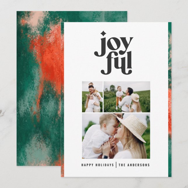 Red + green modern abstract joyful 3 photo holiday card (Front/Back)