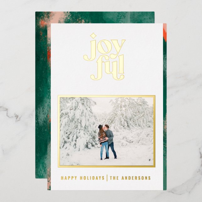 Red + green modern abstract joyful photo  foil hol foil holiday card (Front/Back)
