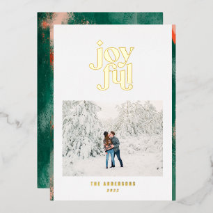 Red + green modern abstract joyful photo  foil holiday card