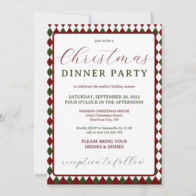 Red Green Modern Minimal Christmas Dinner Party Invitation (Front)