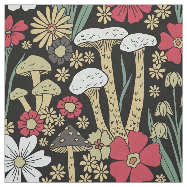 Red & Green Mushrooms & Flowers Fabric (Swatch)