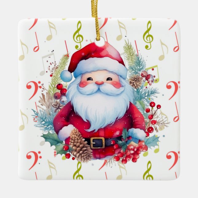 Red Green Music Notes and Santa Claus Ceramic Ornament (Front)