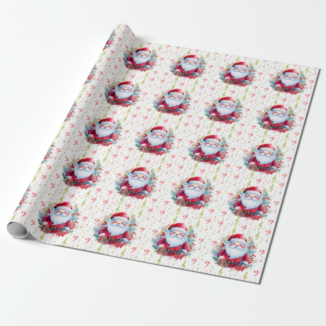 Red Green Music Notes and Santa Claus Wrapping Paper (Unrolled)