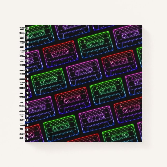 Red Green Neon Cassette Tape Pattern Spiral Notebook (Front)