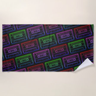 Red Green Neon Retro Cassette Tape Pattern Beach Towel