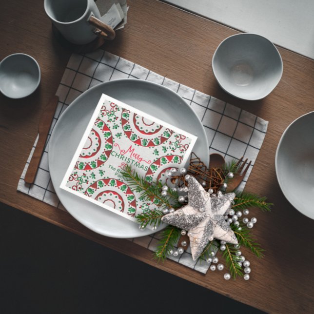 Red Green Nordic Folk Motifs On Linen Christmas Napkin (Creator Uploaded)