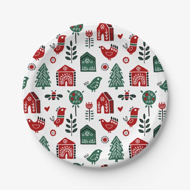 Red & Green Nordic Scandinavian Christmas Pattern Paper Plate (Front)
