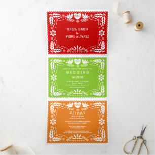 Red, green, orange papel picado lovebirds wedding Tri-Fold invitation