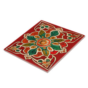Red Green Orange Yellow Azulejos Floral Pattern Ceramic Tile