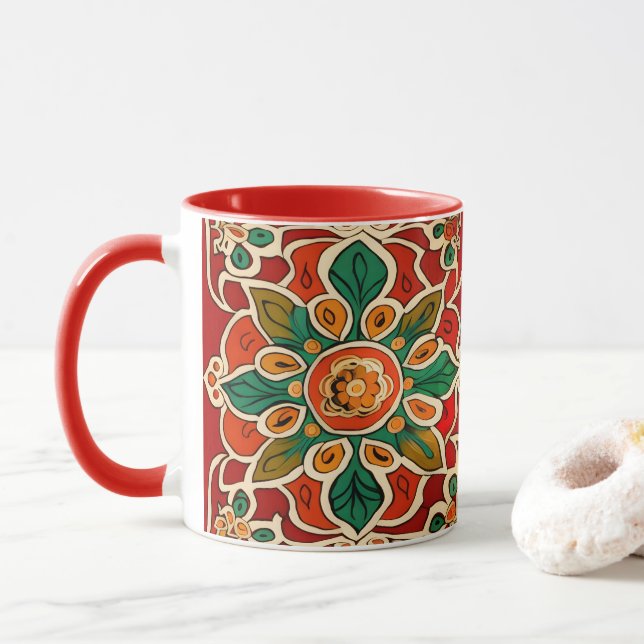 Red Green Orange Yellow Azulejos Floral Pattern Mug (With Donut)
