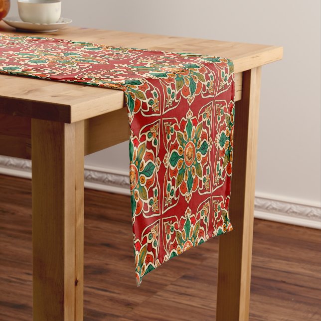 Red Green Orange Yellow Azulejos Floral Pattern Short Table Runner (In Situ)