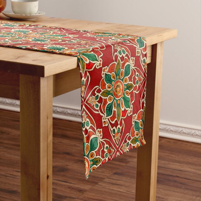 Red Green Orange Yellow Azulejos Floral Pattern Short Table Runner (In Situ)
