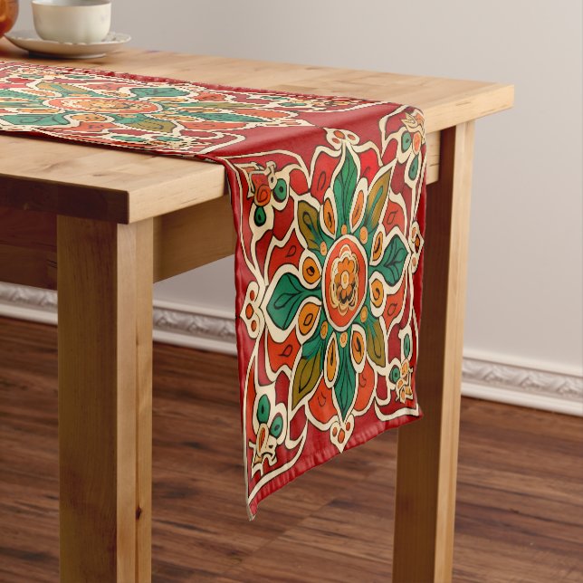 Red Green Orange Yellow Azulejos Floral Pattern Short Table Runner (In Situ)