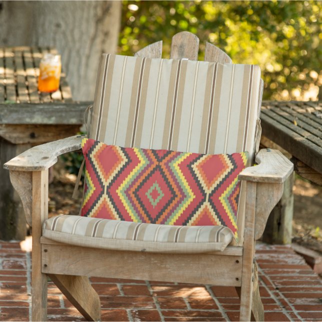 Red Green Orange Yellow Black Tribal Art Pattern Lumbar Cushion (Chair)