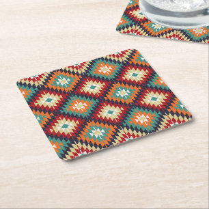 Red Green Orange Yellow Black White Oriental Kilim Square Paper Coaster