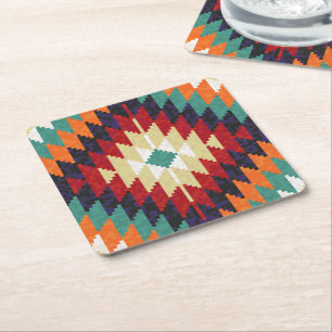 Red Green Orange Yellow Black White Oriental Kilim Square Paper Coaster