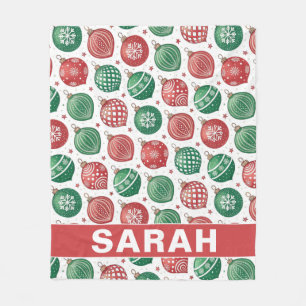 Red & Green Ornaments Christmas Name Fleece Blanket