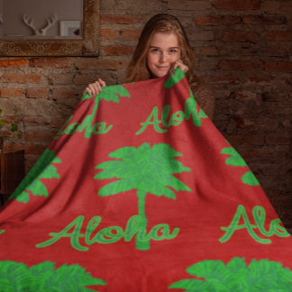Red Green Palm Aloha Tropical Holiday Fleece Blanket