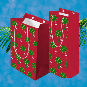 Red Green Palm White Flamingo Tropical Holiday Wine Gift Bag